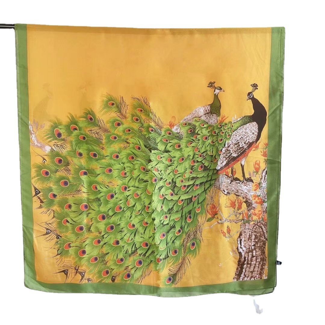 Spring Summer New Faux Silk for Women Peacock Print Sun Protection Fashionable Versatile Travel Sunshade Long Scarf
