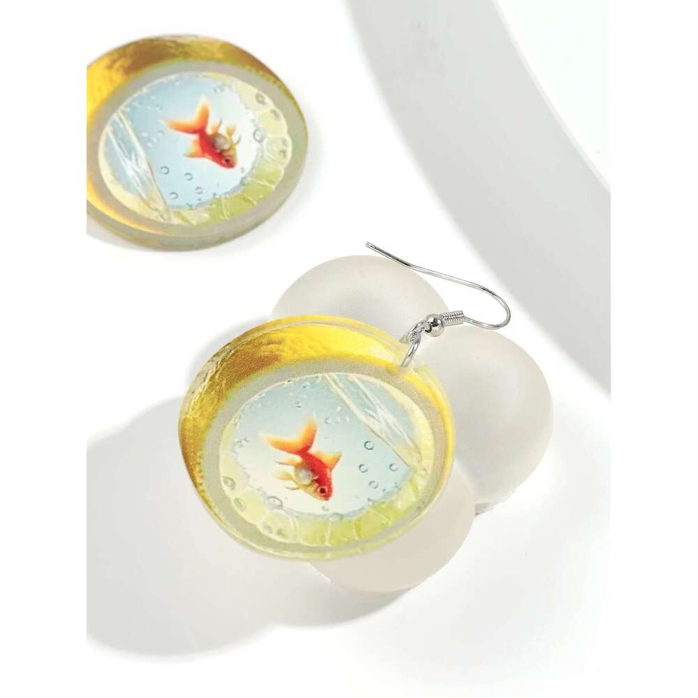 Cute Cartoon Lemon Fish Acrylic Print Drop Earrings For Women New Funny Round Carp Dangle Earring Creative Jewelry Birthday Gift