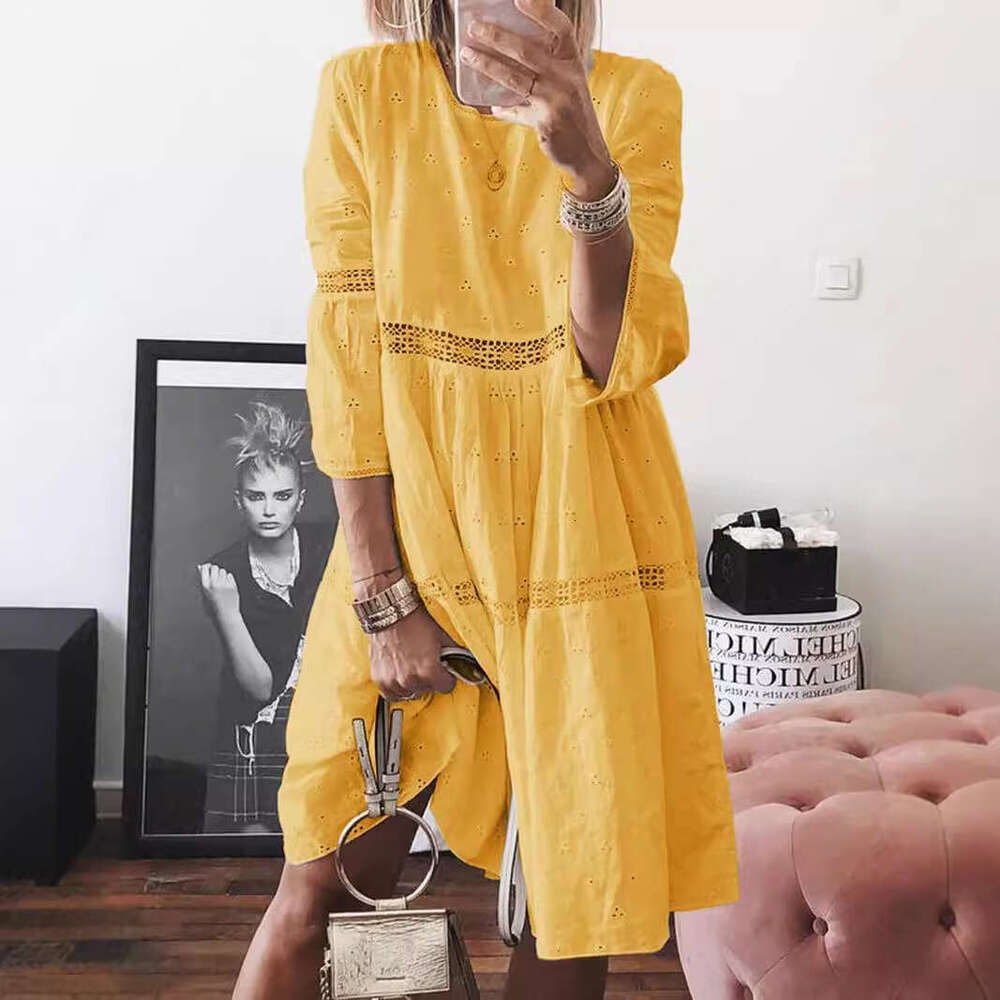 European and American Women's Lace Patchwork Hollow Embroidery Seven Quarter Sleeve Dress Plus Size Long Skirt 2025 New Casual Fashion Trend Clot
