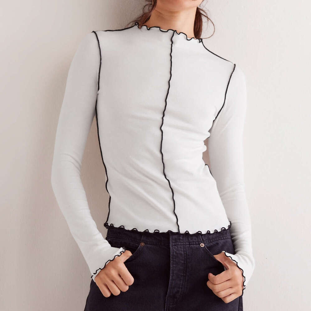 Patchwork Slim Fit Long Sleeve T-Shirt Top Design Sense Base Shirt Color Block Women's Ruffled Edge 1062