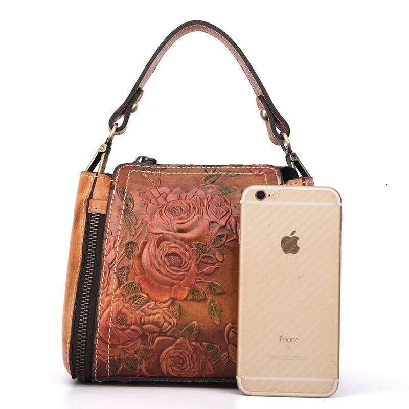 Womens Bag Leather Retro Hand Emed Shoulder Crossbody Vintage Floral Bucket Bags Large Capacity Purse Handbags