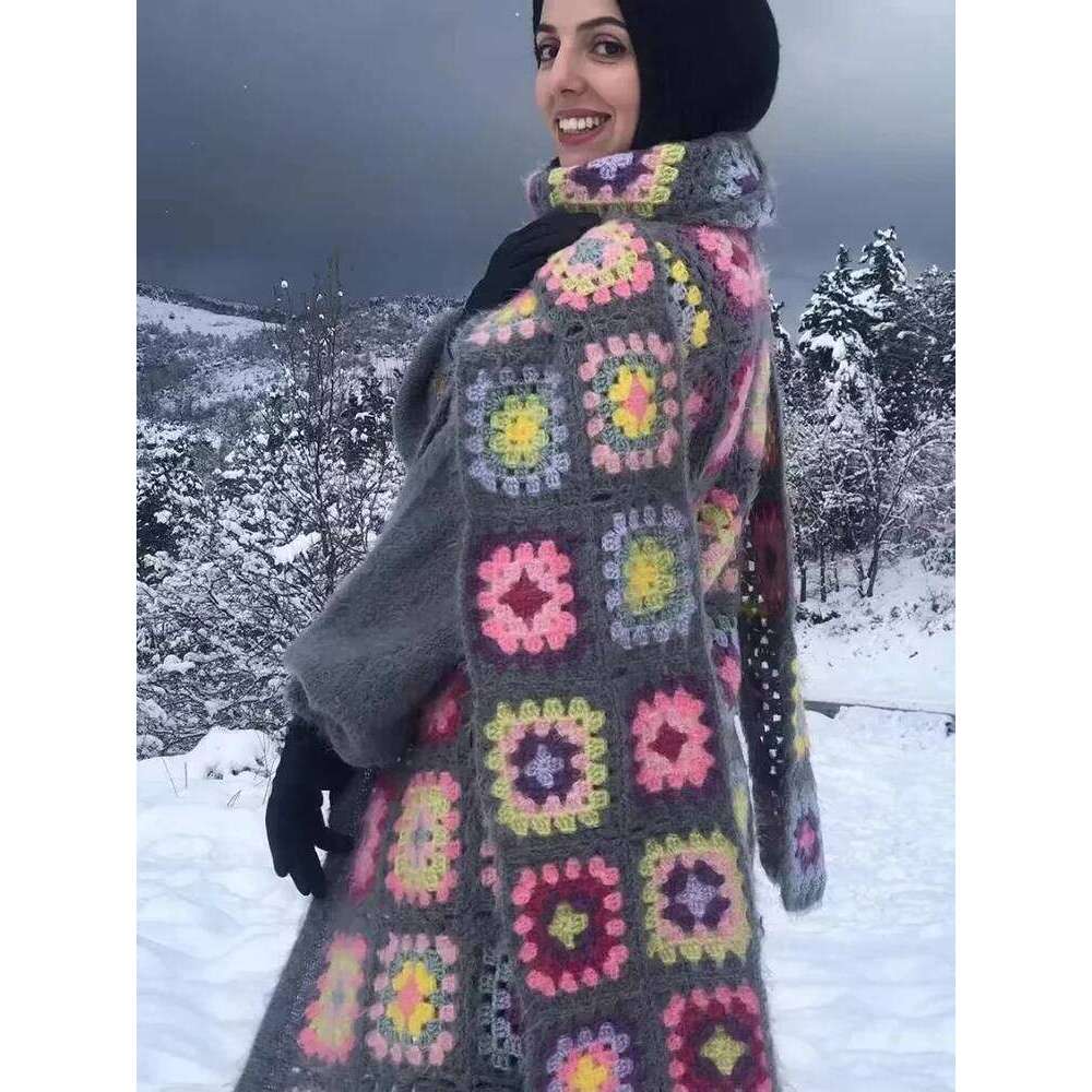 Gypsylady Handmade Kintted Long Multicolor Crochet Women Winter Cardigan Gray Pink Sweater Outerwear Coat
