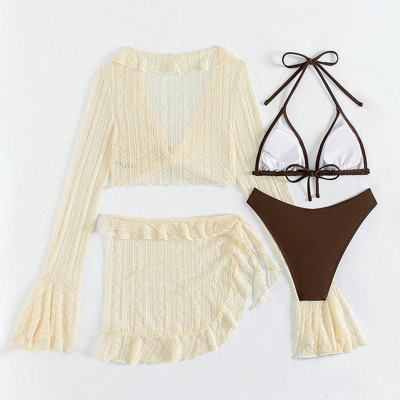 Outdoor Summer Beach Sexy Women Free Shipping 2025 New Designer Shoes 2025 New Solid Color Mesh Long Sleeve Hoodie Beach Bikini Split Swimsuit Women&#