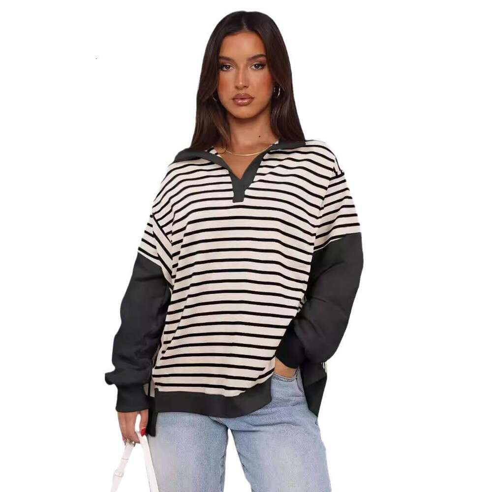 2025 Fashion New Loose Color-Block Striped Sweatshirt with Slit Autumn and Winter Casual Slimming Top Trendy Brand for Women