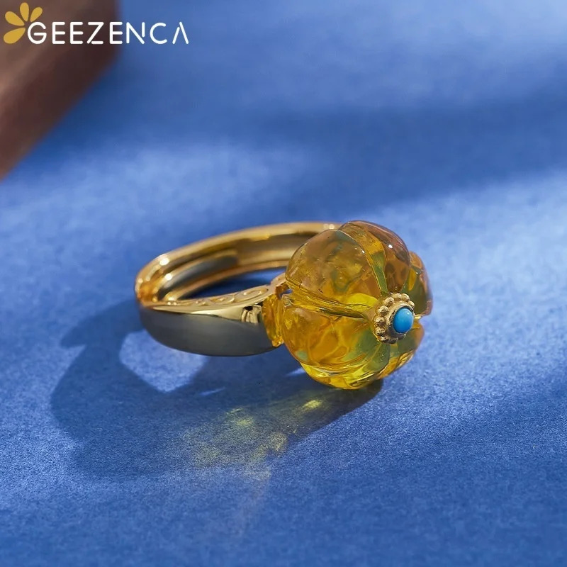 GEEZENCA Cloudy Amber S925 Silver 18K Gold Turquoise Open Ring Women Pumpkin Shape Delicate Dainty Statement Rings Love Gift Her 250526