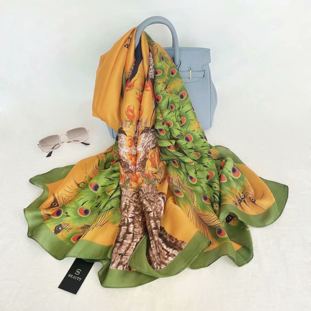 Spring Summer New Faux Silk for Women Peacock Print Sun Protection Fashionable Versatile Travel Sunshade Long Scarf