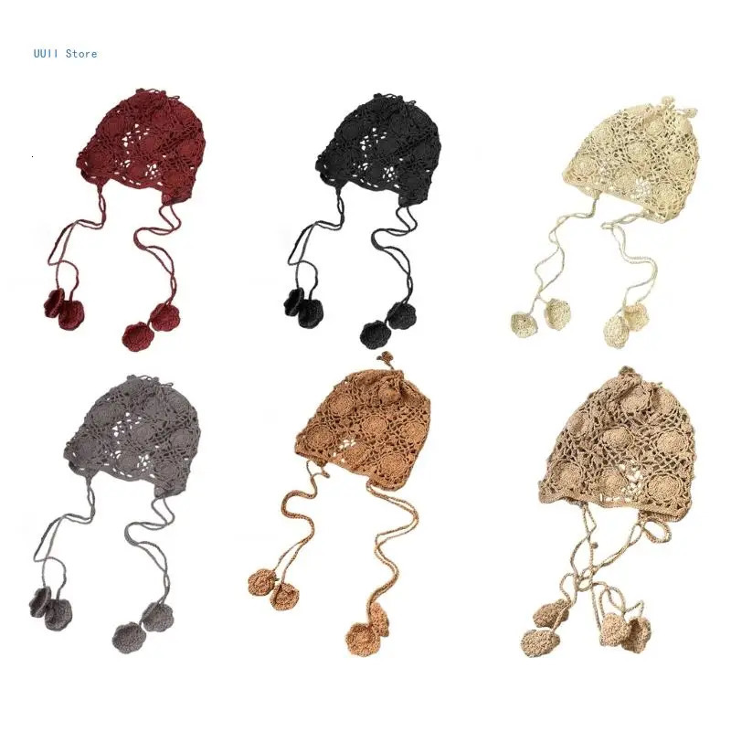 Fashion Beanie Hat for Women Girl Crochets Flower Knitted Hat Ethnic Style Cap Girl Bonnet Y2K Sweet Hat Adult Headdress 250530