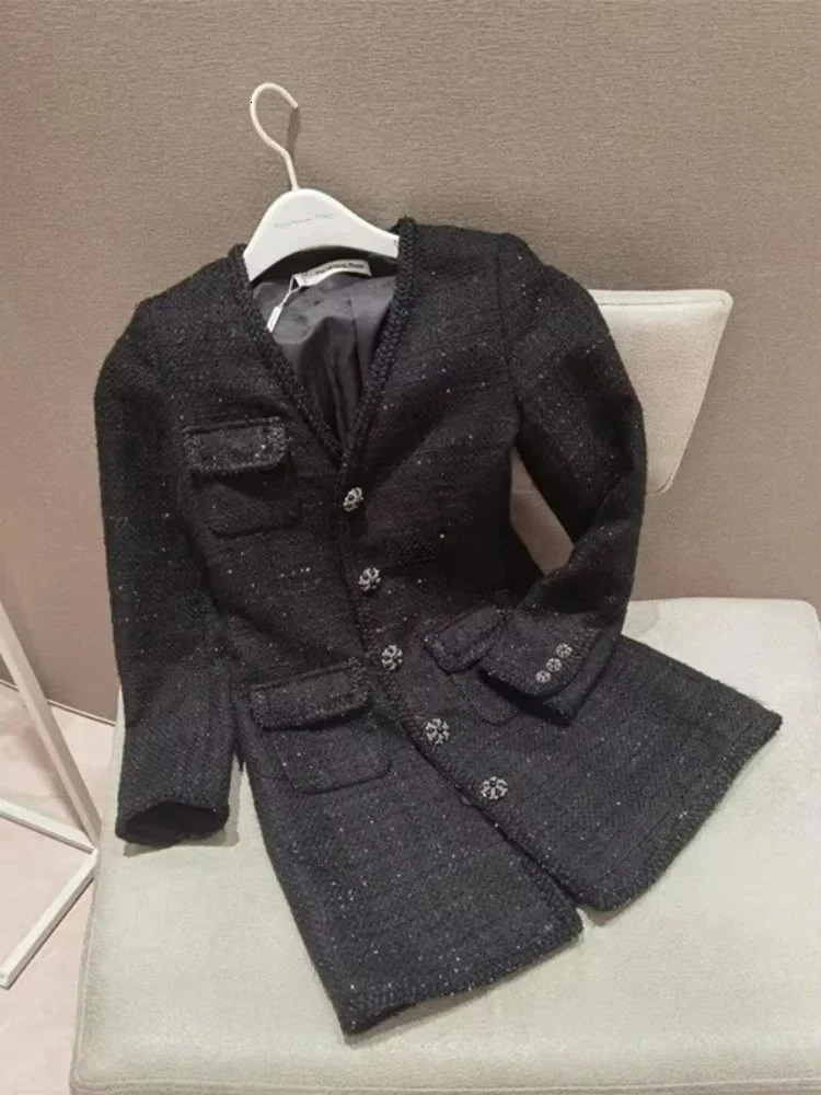 Vintage Tweed Mini Dress Women Elegant V Neck Black Long Sleeve Dresses Korean Single Breasted Bodycon A Line Vestidos 250529