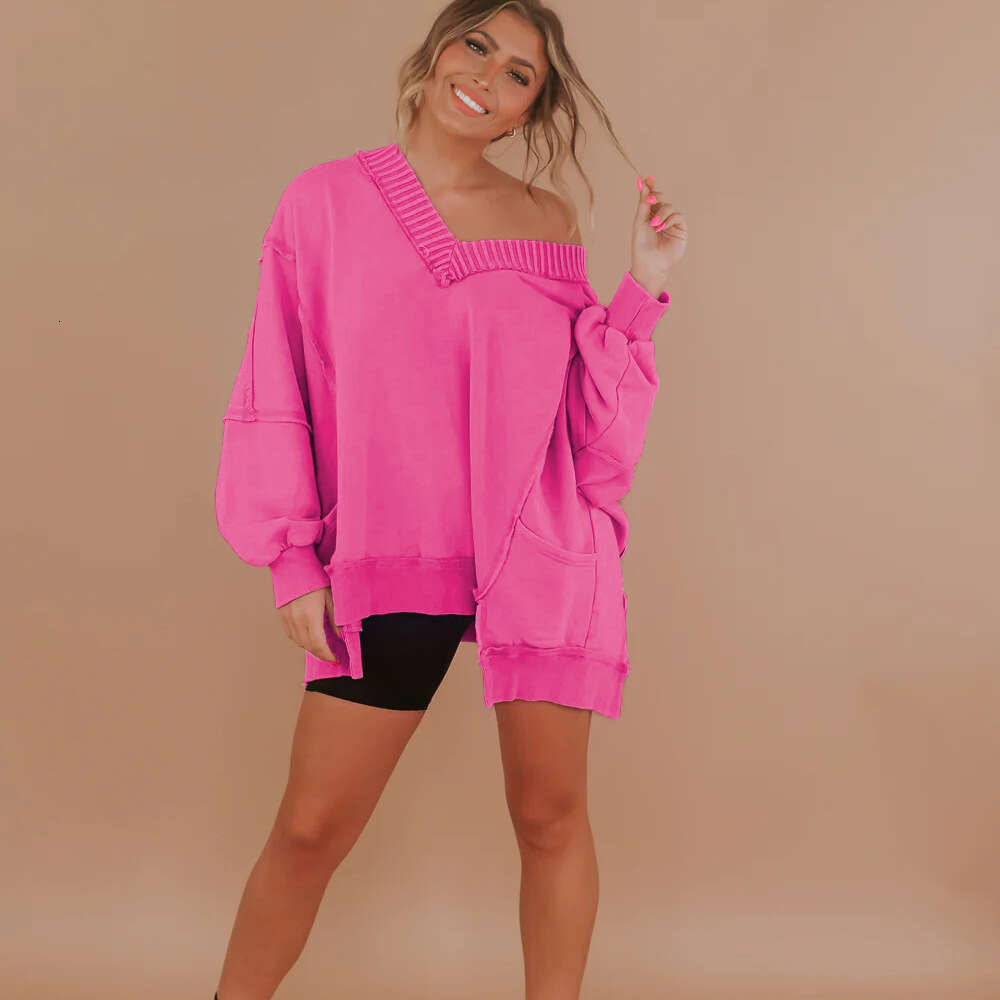 Fashion Early Autumn Women's Clothing Lantern Loose V-neck Irregular Hem Design Long Sleeve Sweatshirt for Women