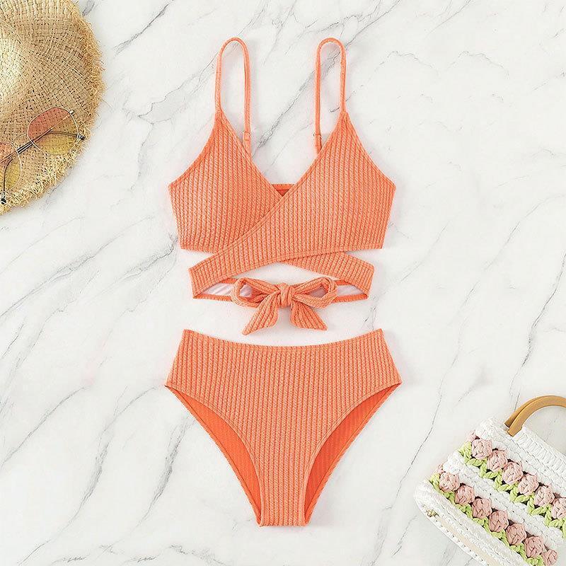 Outdoor Summer Beach Sexy Women Free Shipping 2025 New Designer Shoes Bikini 2025 New Solid Color Lace Up Split Swimsuit Women's Suspender Bikini