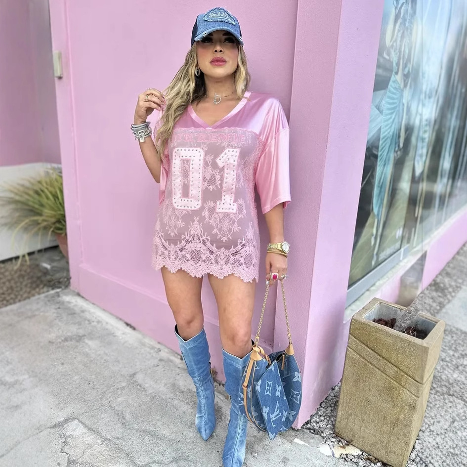 Designer T Shirt New Cross Border European And American Printed Loose Casual Street See Through Sexy Lace Patchwork T Shirt Short Sleeve Top Essential