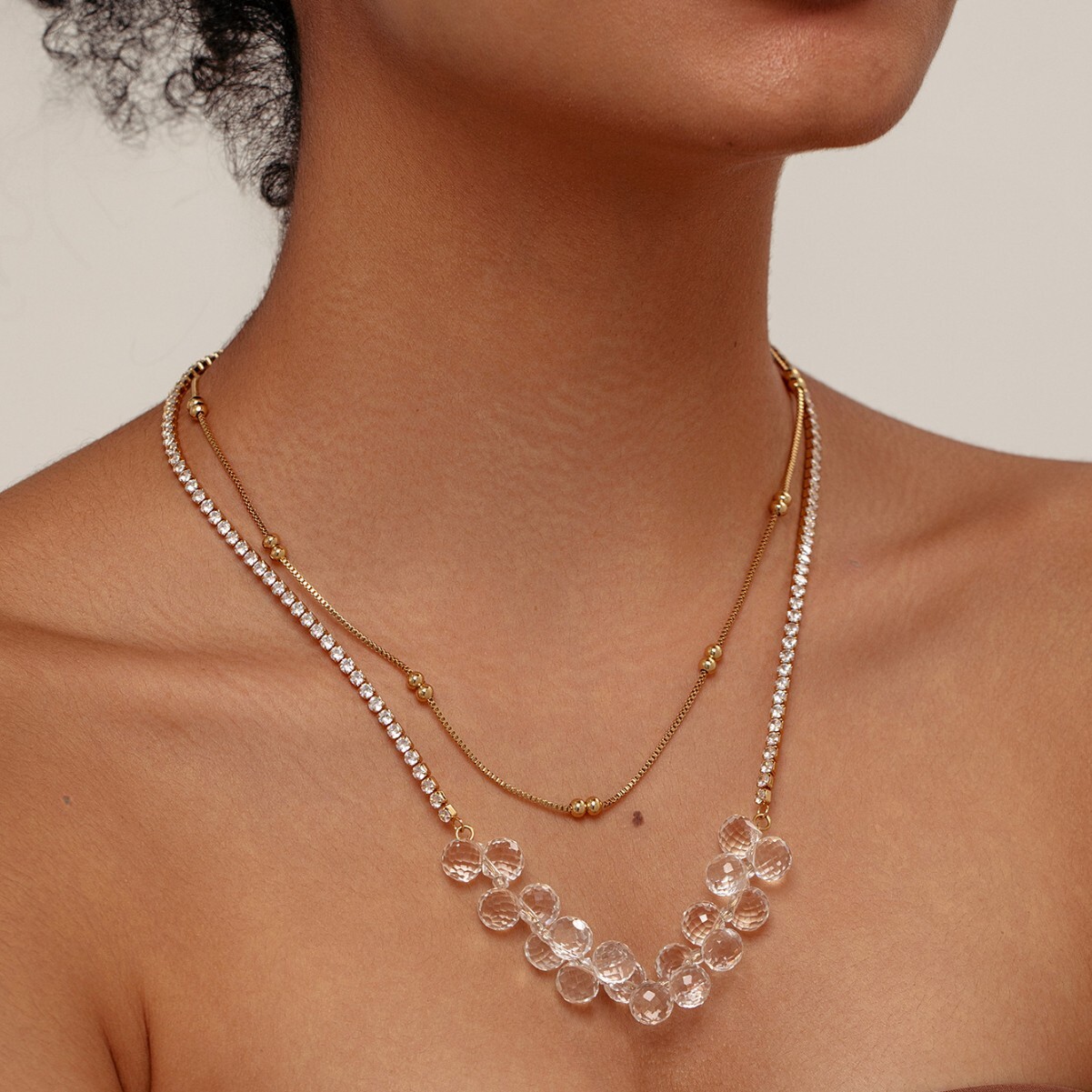 New White Crystal Double Layer Necklace Light Tennis Niche High-end Versatile Sweater Chain for Women