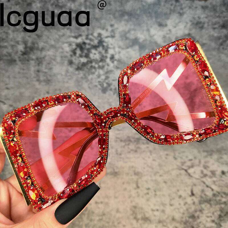 ICGUAA Retro Oversized Crystal Sun Glasses 2022 Festival Dia Designer Brand Women Bomb Sunglasses Rhinestone designer bag