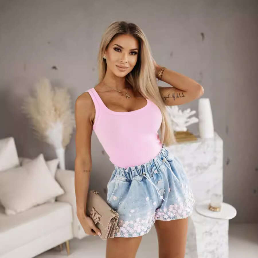 Denim Shorts Jeans Shorts Summer Autumn Fashion Casual Elastic Waist Handmade Rhinestone Decorated Elegant Women S Denim Shorts Ripped Short Jeans