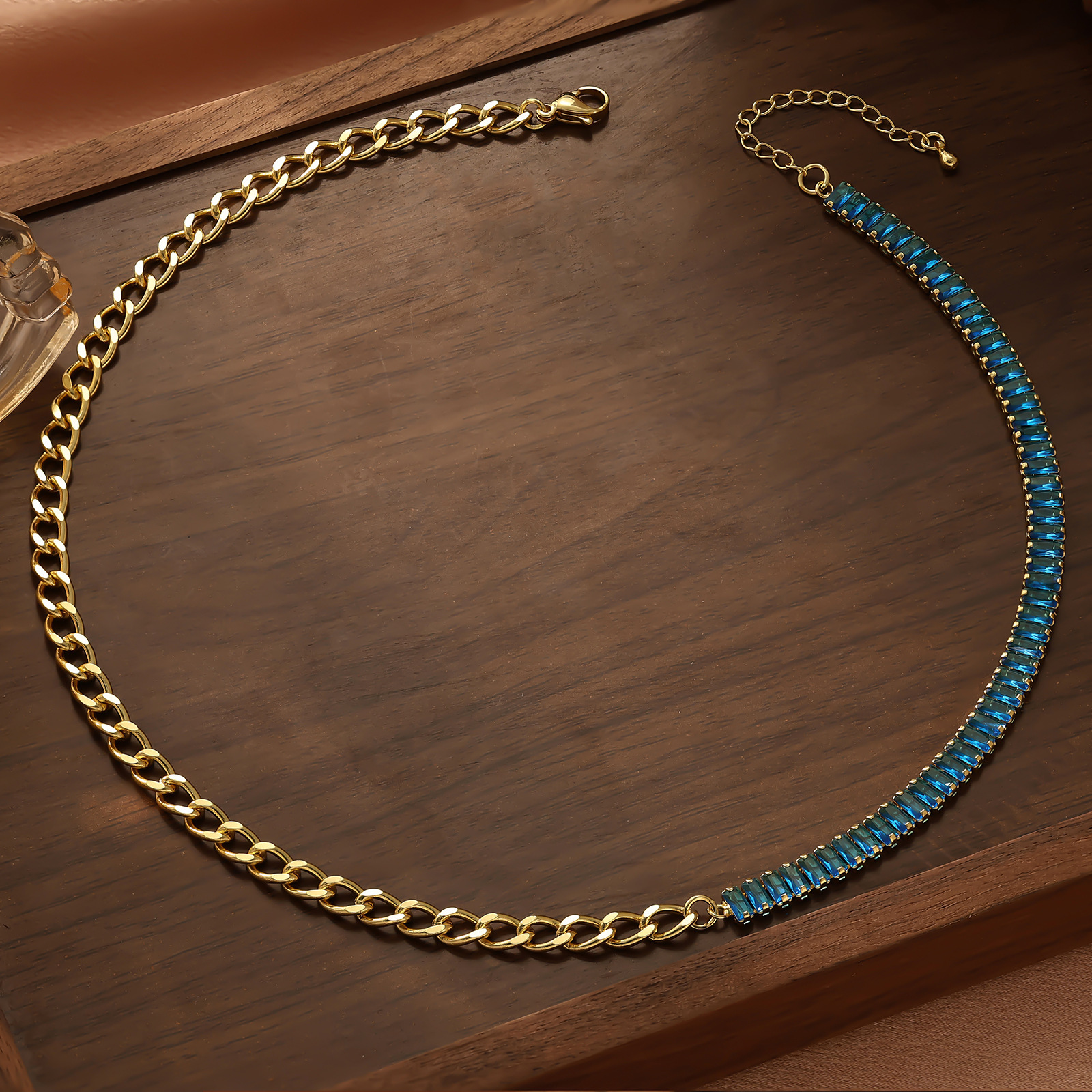 Minimalist Emerald Zircon Polished Cuban Necklace Simple Elegant Titanium Steel Vacuum Bracelet for Women