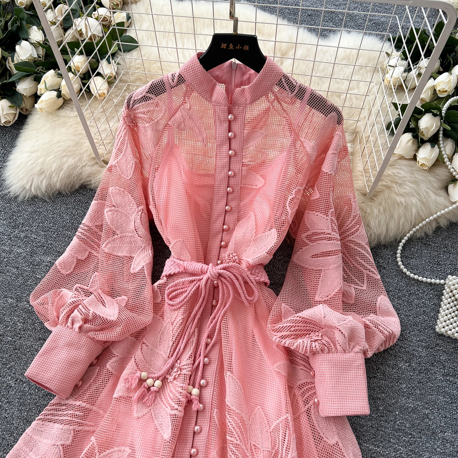 Women Casual Dresses Spring Summer French Lace Embroidery Women's Dress Stand Collar Long Lantern Sleeve Single Breasted Belt Party Birthday Dres