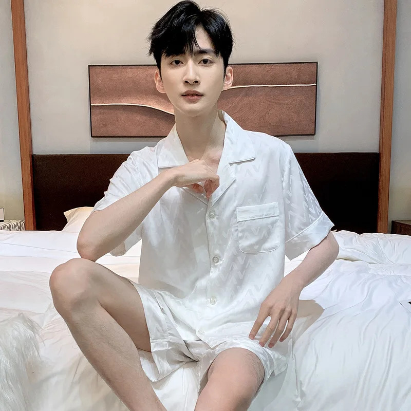 High Quality Jacquard Pajamas Suit Men Summer Ice Silk Shorts Sleepwear Set Thin Satin Largesize Loungewear Male Night Clothing 250526