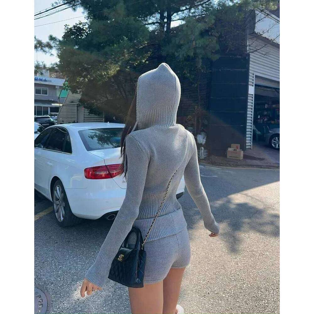 Women's Knitted Rib Crop Hoodie, Zip Up Cardigan