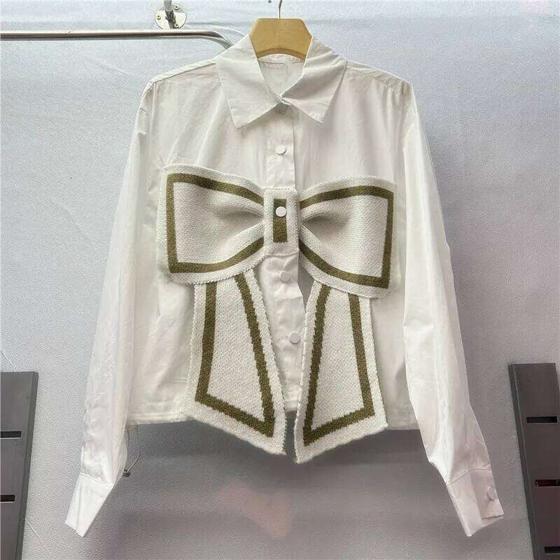 DEAT Women's Shirt Loose Patchwork Knitted Bow Single Breasted Solid Color Short Casual Blouse Summer 2025 New Fashion 29L9109