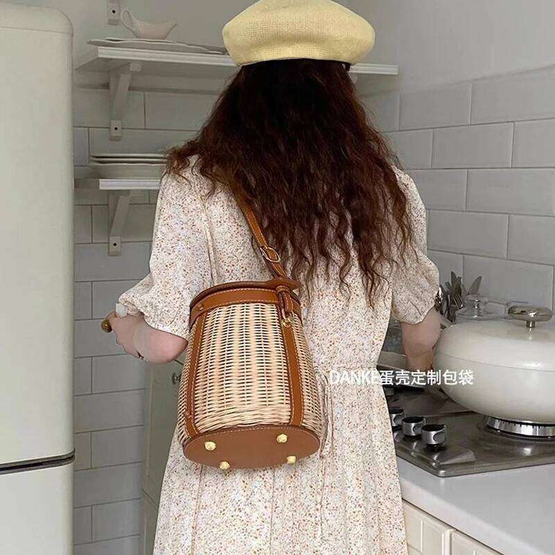 New Leather Women's Rattan Bucket Bag for women 2022 new handbags