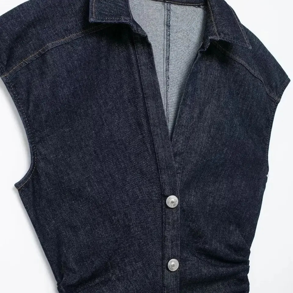 TRAFSHE Sleeveless Denim Long Dress Women Bodycon Tank Midi Dress Woman Summer Ruched Button Up Casual Dresses For Lady 250529