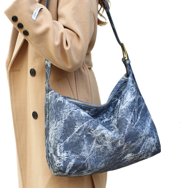 designer Lazy Style Tie-Dye Denim Bag Foreign Trade European and American Gradient Large Capacity Bag Trendy Shoulder Tote Bag Ins