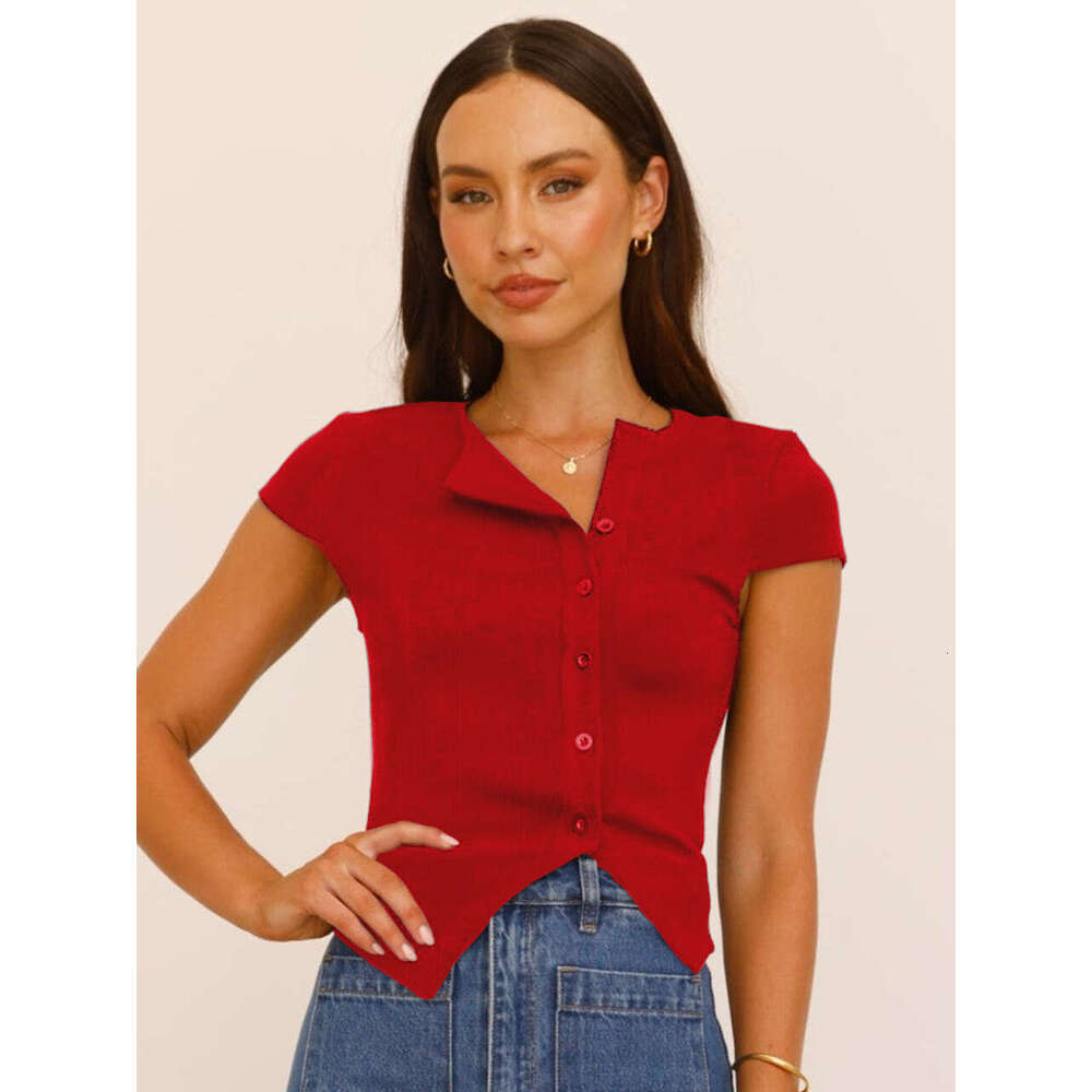 2025 New Y2K Women's Fashion Split Ribbed Solid Color Short Sleeve Button Top V-neck Irregular T-shirt