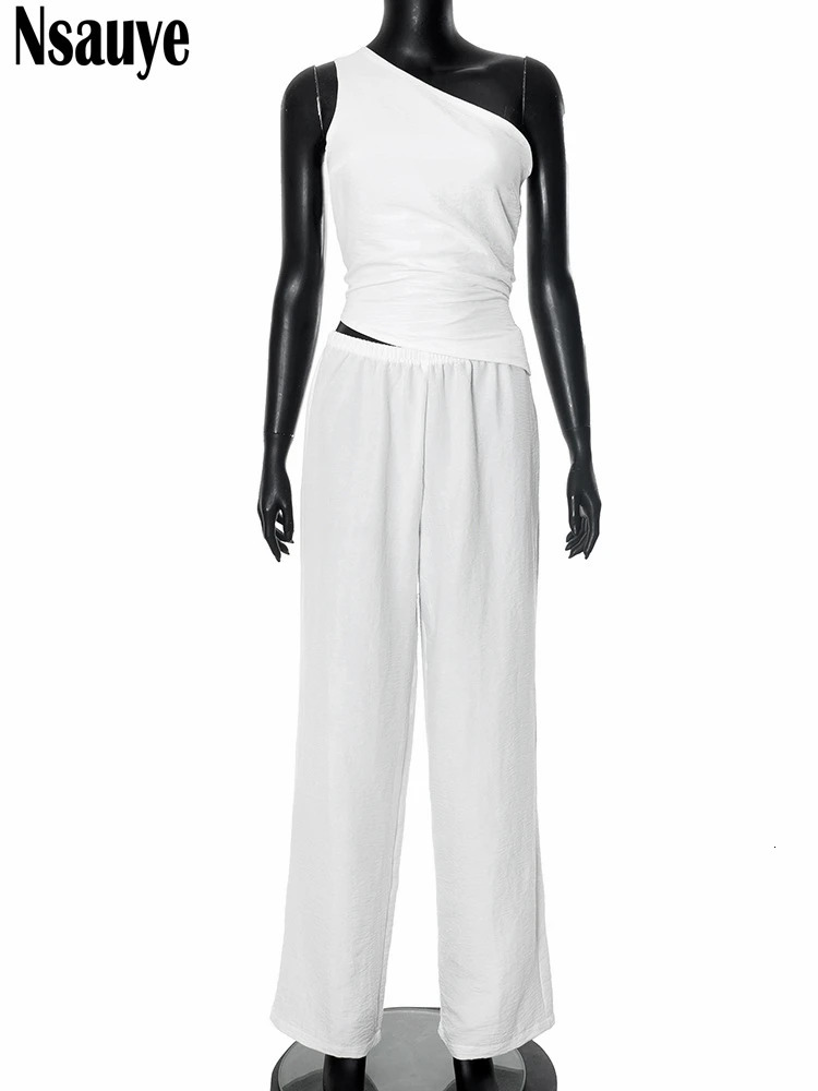 Nsauye Summer Casual Women Fashion Tracksuit Pants Two Piece Set White Hollow Out Backless Skinny Tops Long Pants Sexy Set 2025 250530