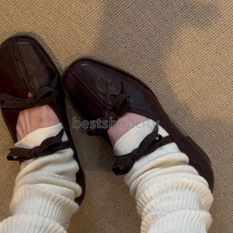 2025 ballet flats heels designer loafers Retro bow strappy Mary Jane shoes balck brown leather sandals daily comfort Soft Sole fashion Anti slip women