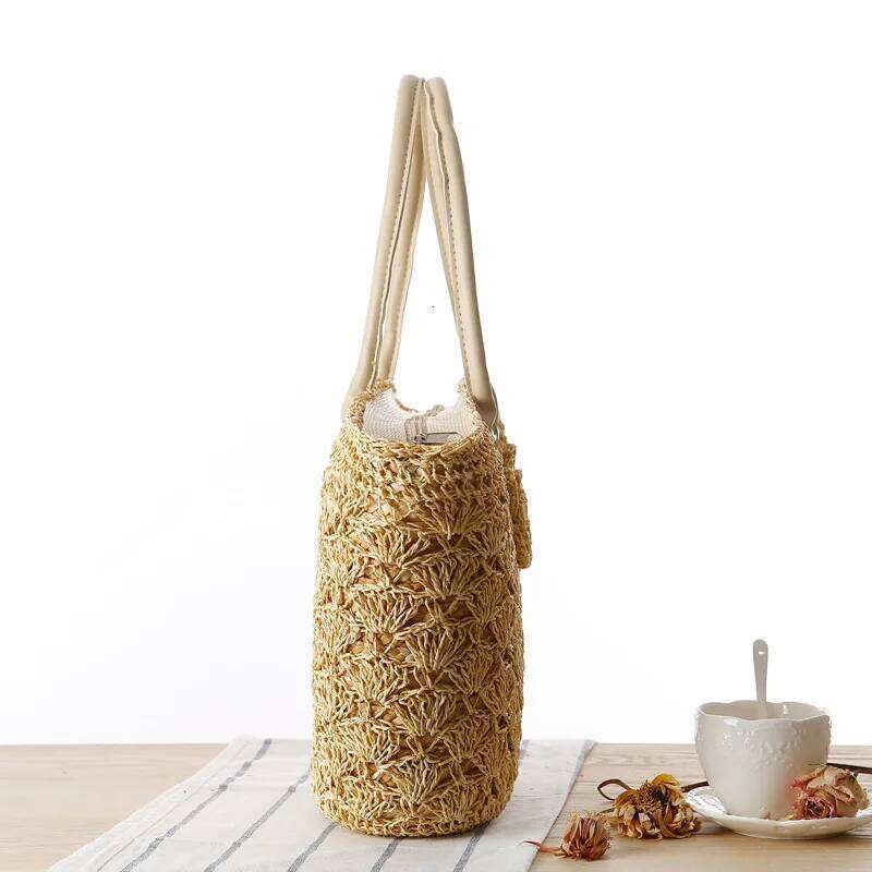 Gold Thread Shell Hook Flower Hand Woven Shoulder Straw Beach Bag Seaside Fashion Summer Women Handbags Crochet