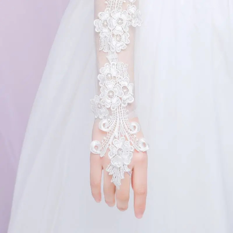 Sweet Embroidery Floral Lace Long Gloves Sheer Mesh Wedding Bridal Prom Mittens 250530