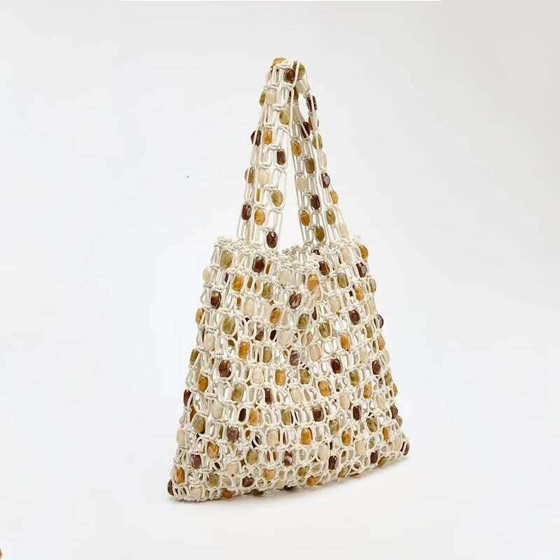 Ladies Summer Beaded Woven Bag Bucket Phone Purse Handmade Hollow Out Cotton Rope Crochet Bag Handbag For Girls