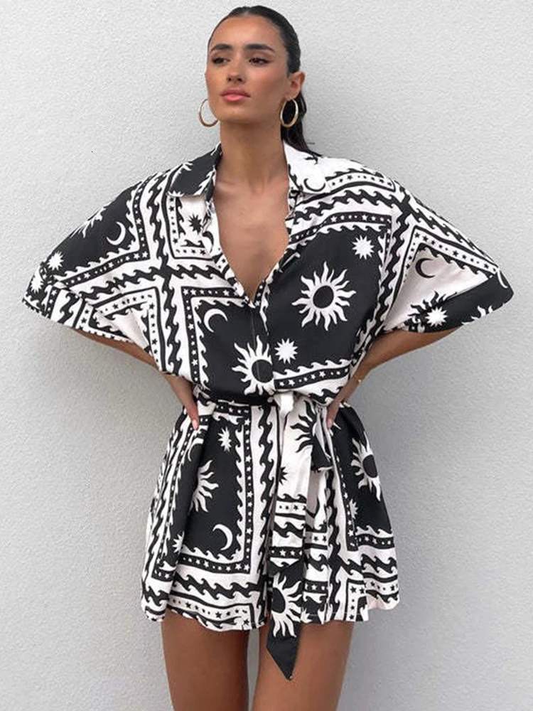 Women Summer Printed Playsuits Fashion Outfits Ladies Single Breasted Half Sleeve Loose Rompers For Women Casual Playsuits 250528