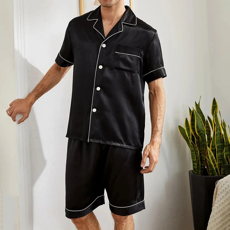 Men Satin Pajama Set Sleepwear for Man Summer Short Sleeve ButtonDown Shirt Shorts Pajamas 2 Piece Home Clothes Suit 250526
