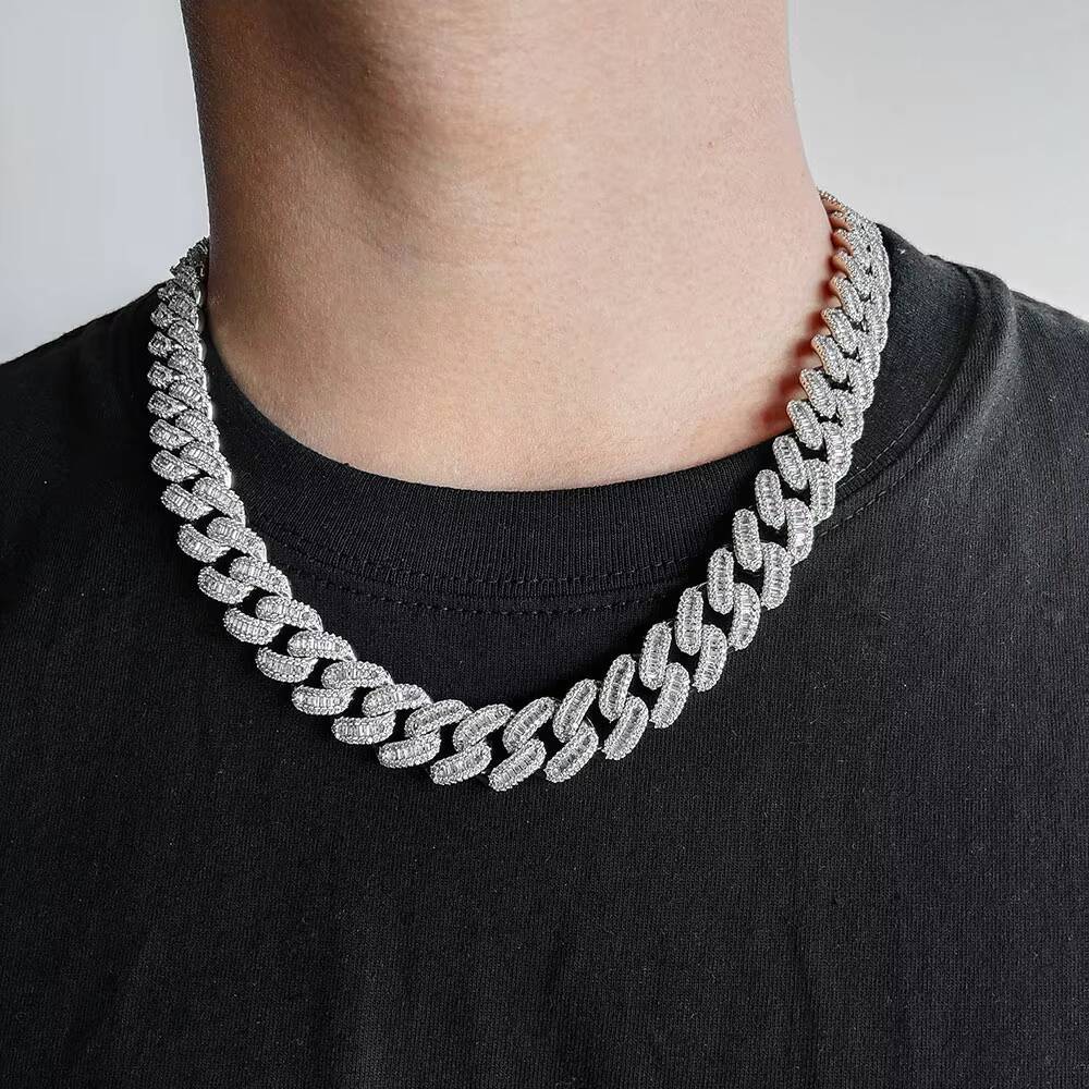 Men 15mm Box Button Miami Cuban Jewelry Frozen Full CZBaguette Necklace Chain