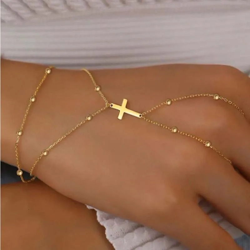 Fashion Metal Double Layer Cross Connected Finger Ring Bracelet for Women Simple Gold Color Bead Link Chain Hand Bangles Jewelry 250528