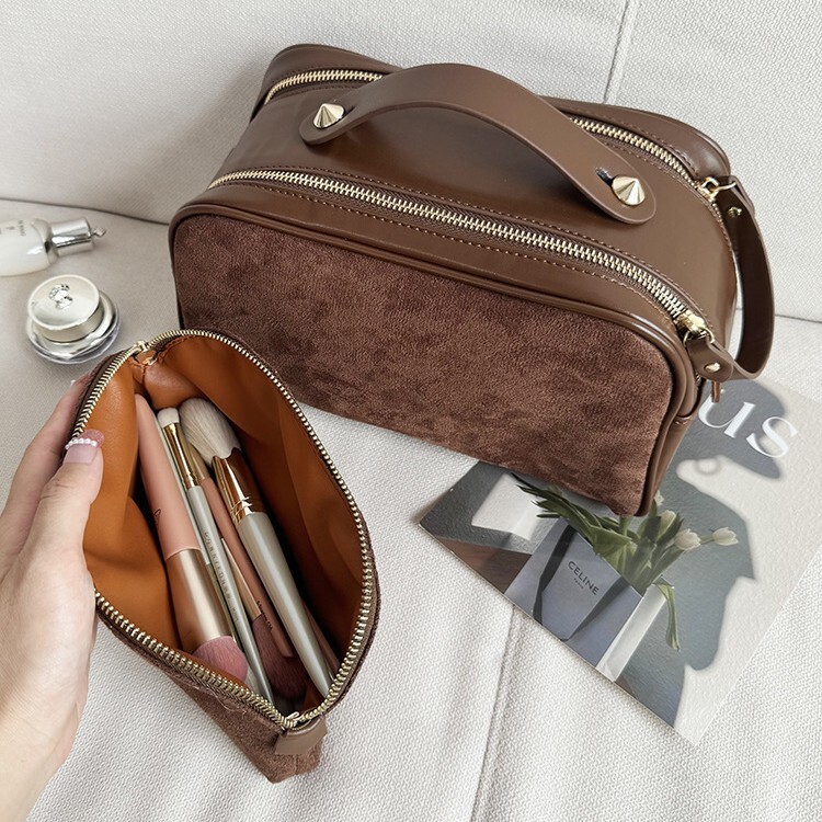 designer High-End Portable Handheld Matte Leather Makeup Bag Large Capacity Double Zipper Mother-Daughter Two-Piece Set Toiletry Storage Bag