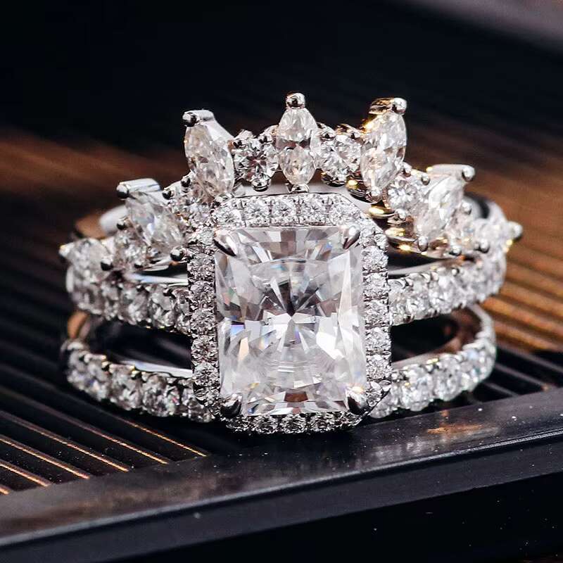 Luxury Custom Crownshaped 14K White Gold 925 Silver Radiant Cut Moissanite Diamond Stackable Ring Fine Jewelry for Ladies Rings