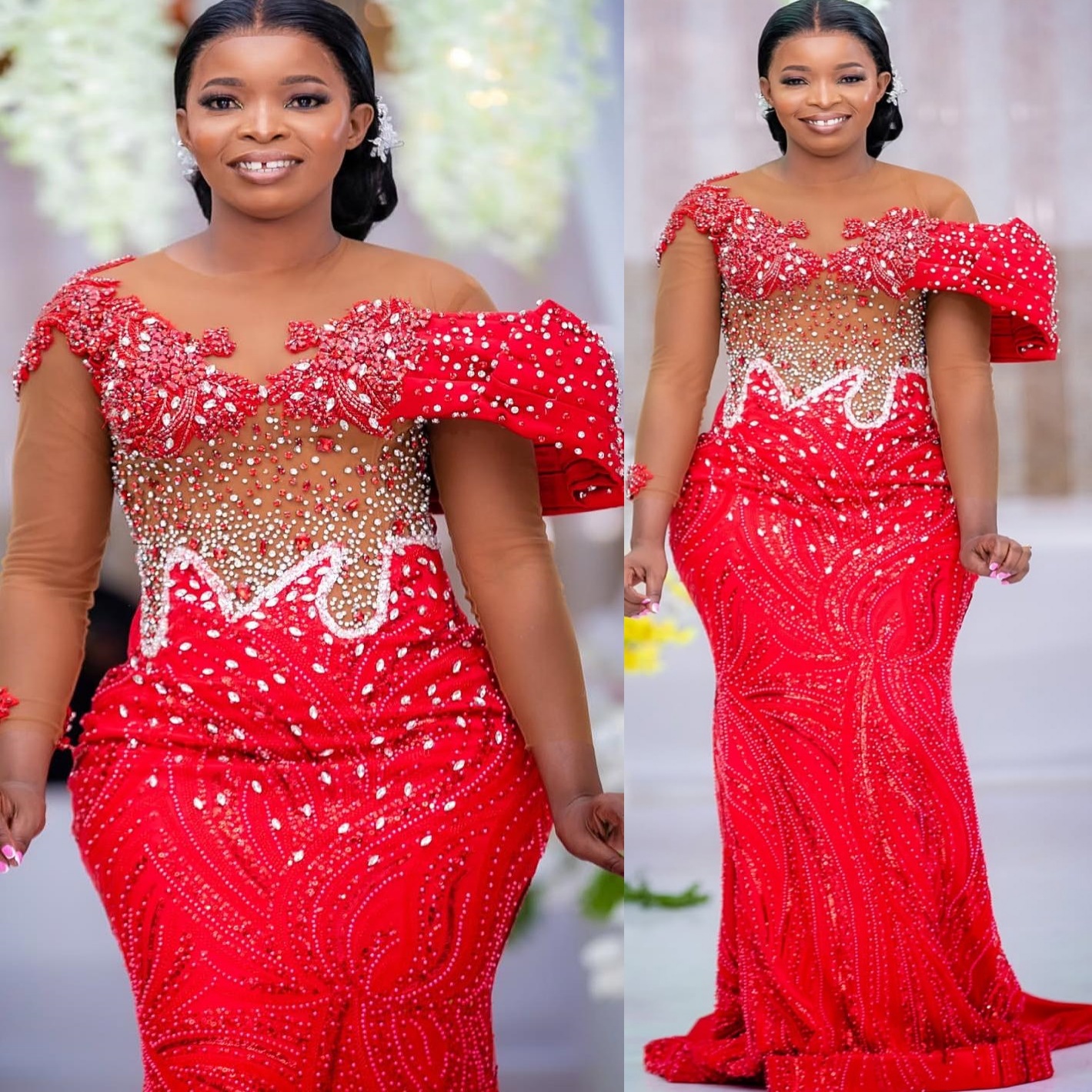 Red Mermaid Prom Dresses 2025 Crystals Full Sleeves Sequined Evening Formal Party Second Birthday Engagement Gowns Plus Size Dress For Special Occasio