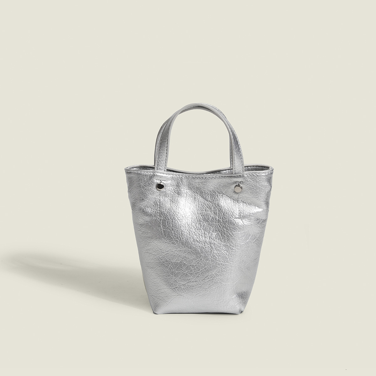 designer Korean Handheld Silver Waxed Leather Mini Tote Bag Summer New High-end Bucket Shoulder Crossbody Small Bag