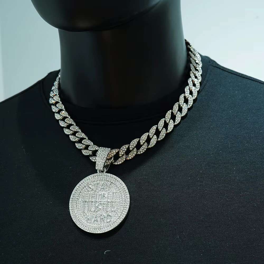 Wholesale Mens Hip-Hop Stay Hard Letter round Plate Pendant Necklace Full Diamond Cuban Link Chain with Gold Plating