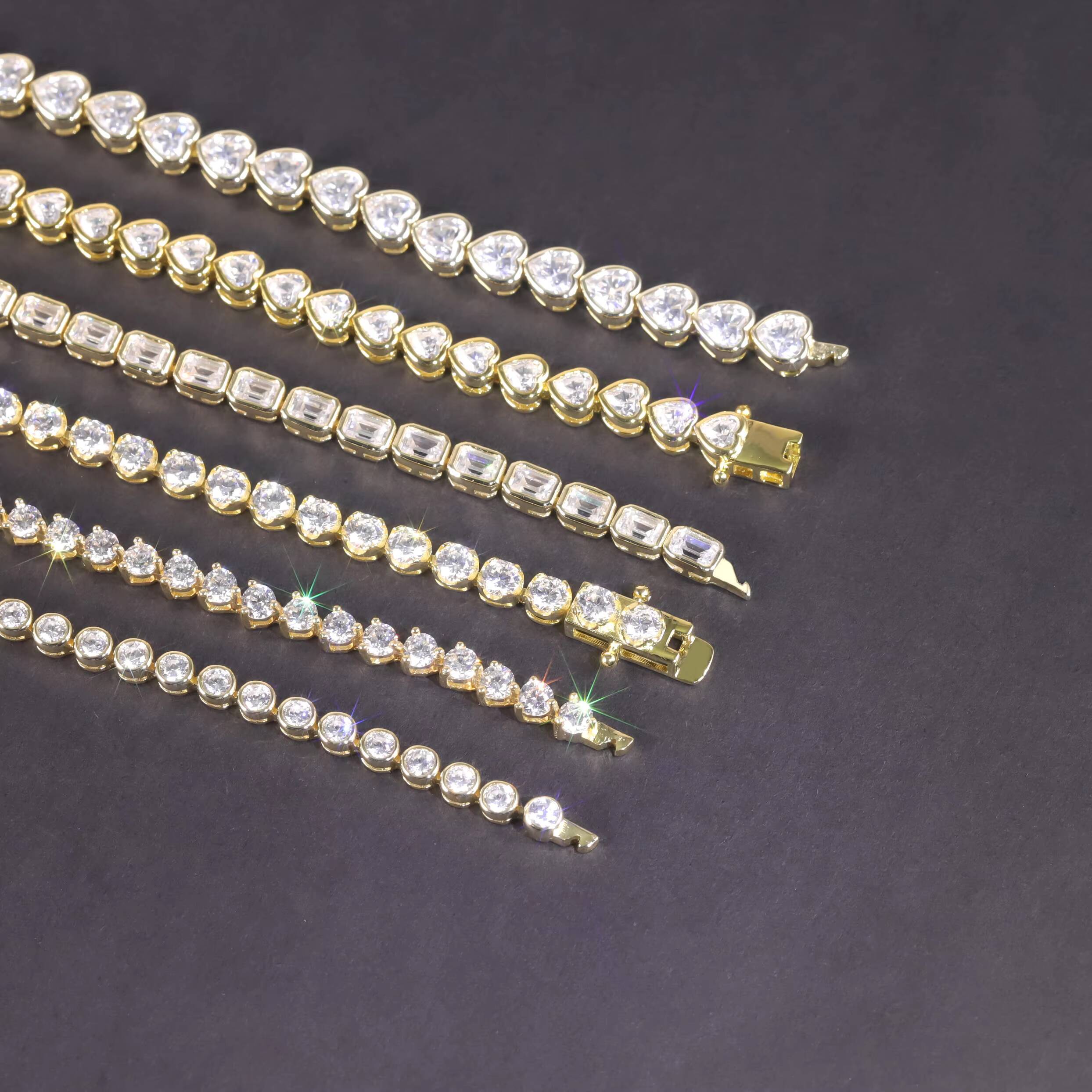 Chinese Jewelry Factory VVS Square Heart Pure Sier Gold Silicon Stone Tennis Chain Bracelet