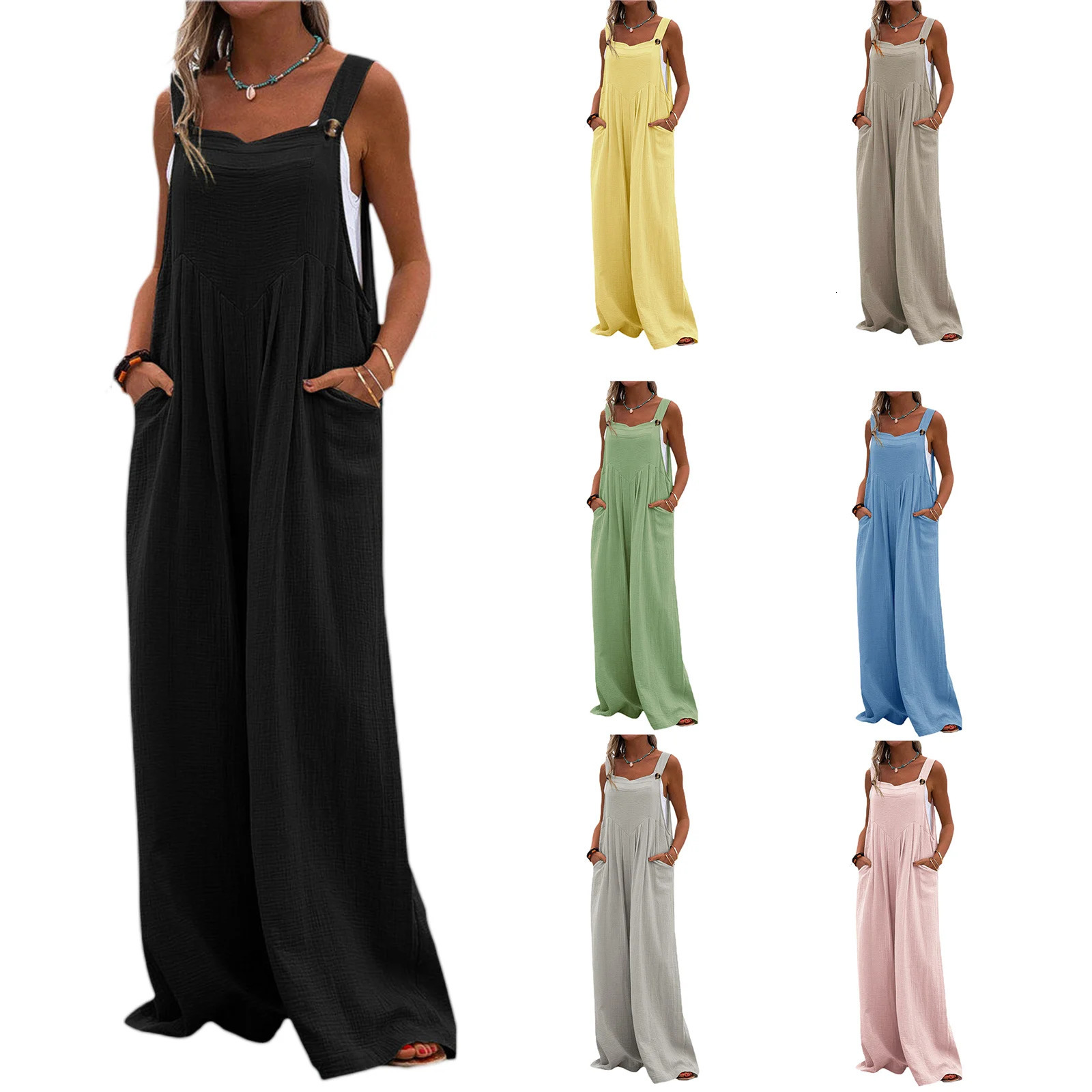 Women's Clothing Trend Fashion Solid Color Jumpsuit Casual Button Wide Leg Suspender Overalls with Pockets Streetwear 250530