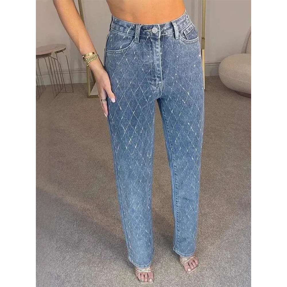Coats Designer Women Dia-Shaped Rhinestones Woman's Denim Shiny Dia Straight Jeans For Women Rise Trousers Y2k High Street Pants Designer