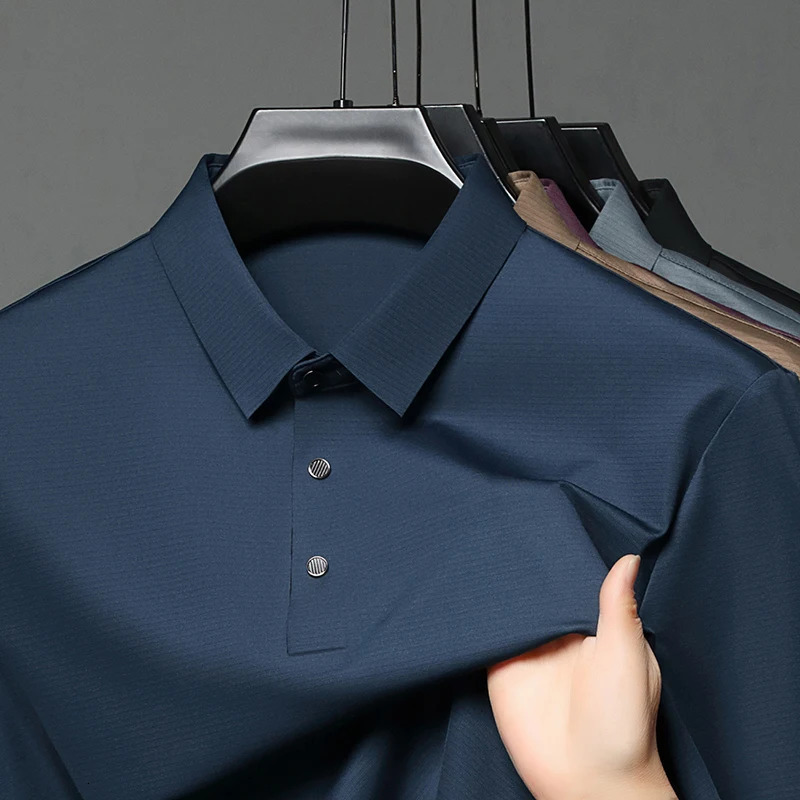 POLO shirt mens solid color high-end lapel business casual wear ice silk quick drying comfortable short sleeved T-shirt 250526