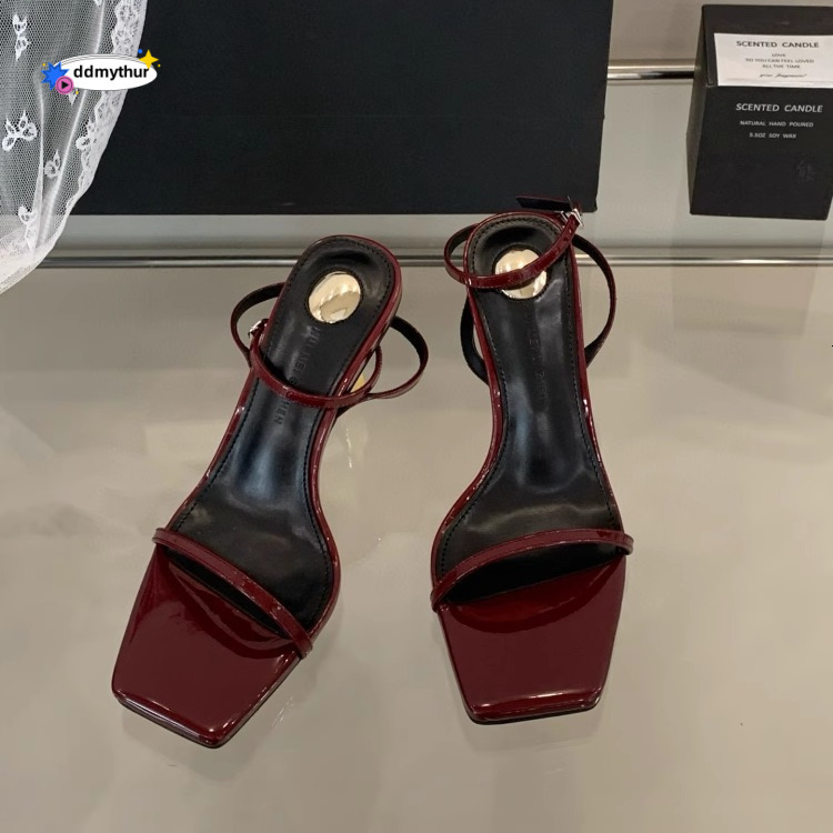 2025 Summer New Black Patent Leather One-Strap Square High Heels Women's Stiletto Sandals Versatile Gold Heel Open Toe ddmythur