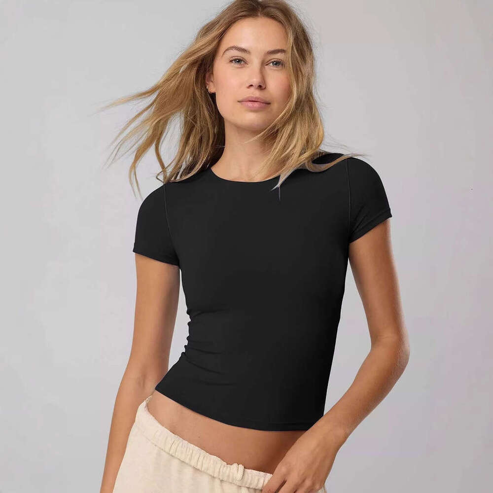 2025 Summer Y2K Style Knitted Tight Short Sleeve T-Shirt for Women with Stitching and Patchwork Design 1062