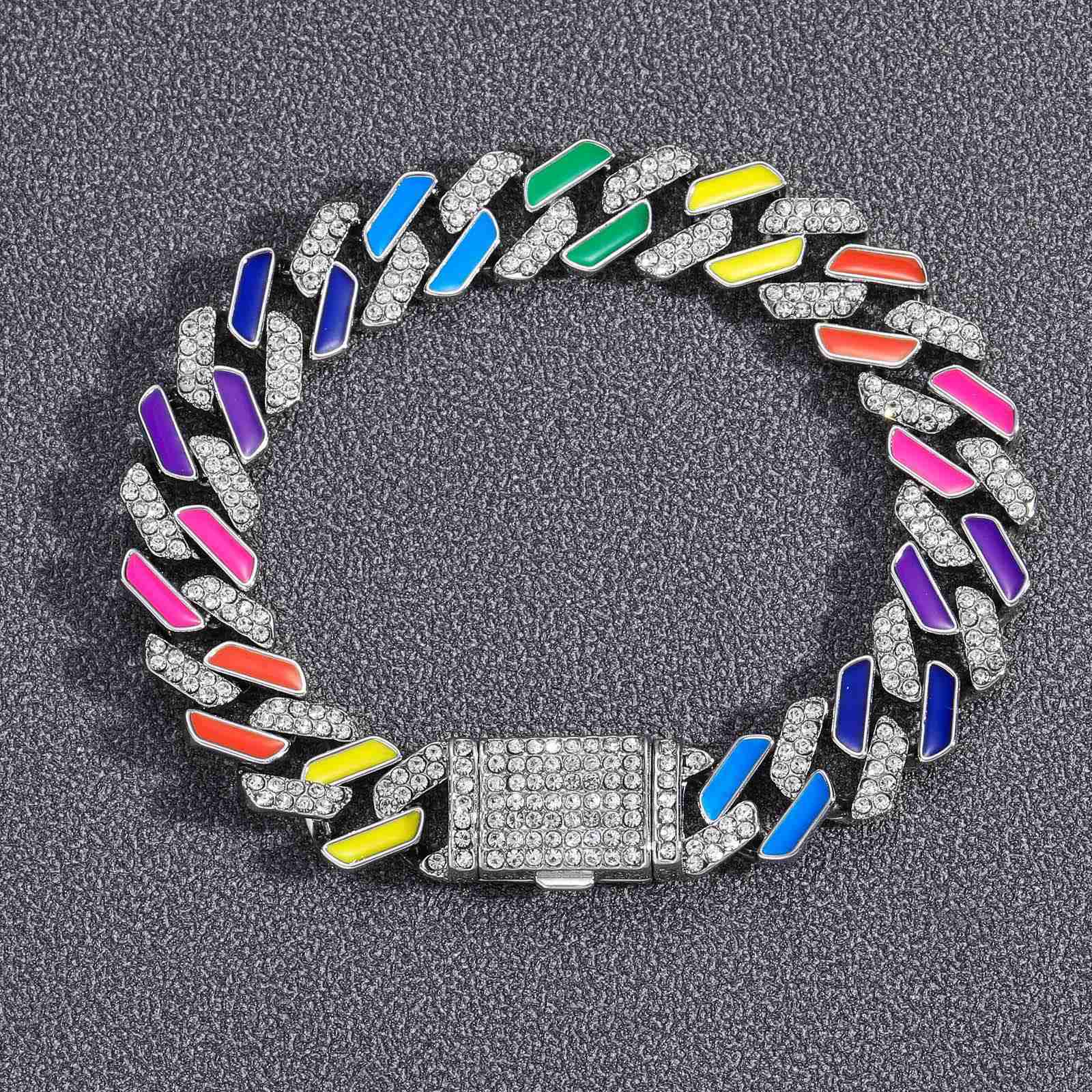 Hip hop Bracelet colorful oil dripping color 12mm Cuban Bracelet rainbow diamond Cuban full diamond bracelet moissanite