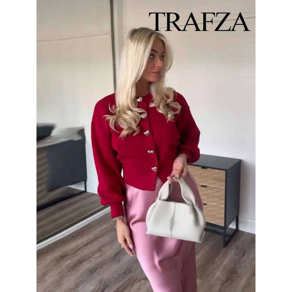 TRAFZA Women Fashion Solid Tops Heart-Shaped Buttons Cardigans Female Spring Casual Long Sleeve O-Neck Knitting Sweaters Coats