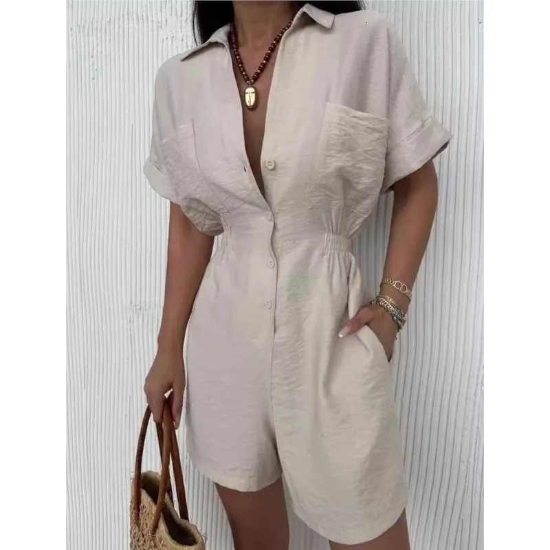 Women Fashion Pocket Shorts Jumpsuits Turn Down Collar Short Sleeve Tops Elastic Waist Shorts Casual Summer Femme Streetwear 250528